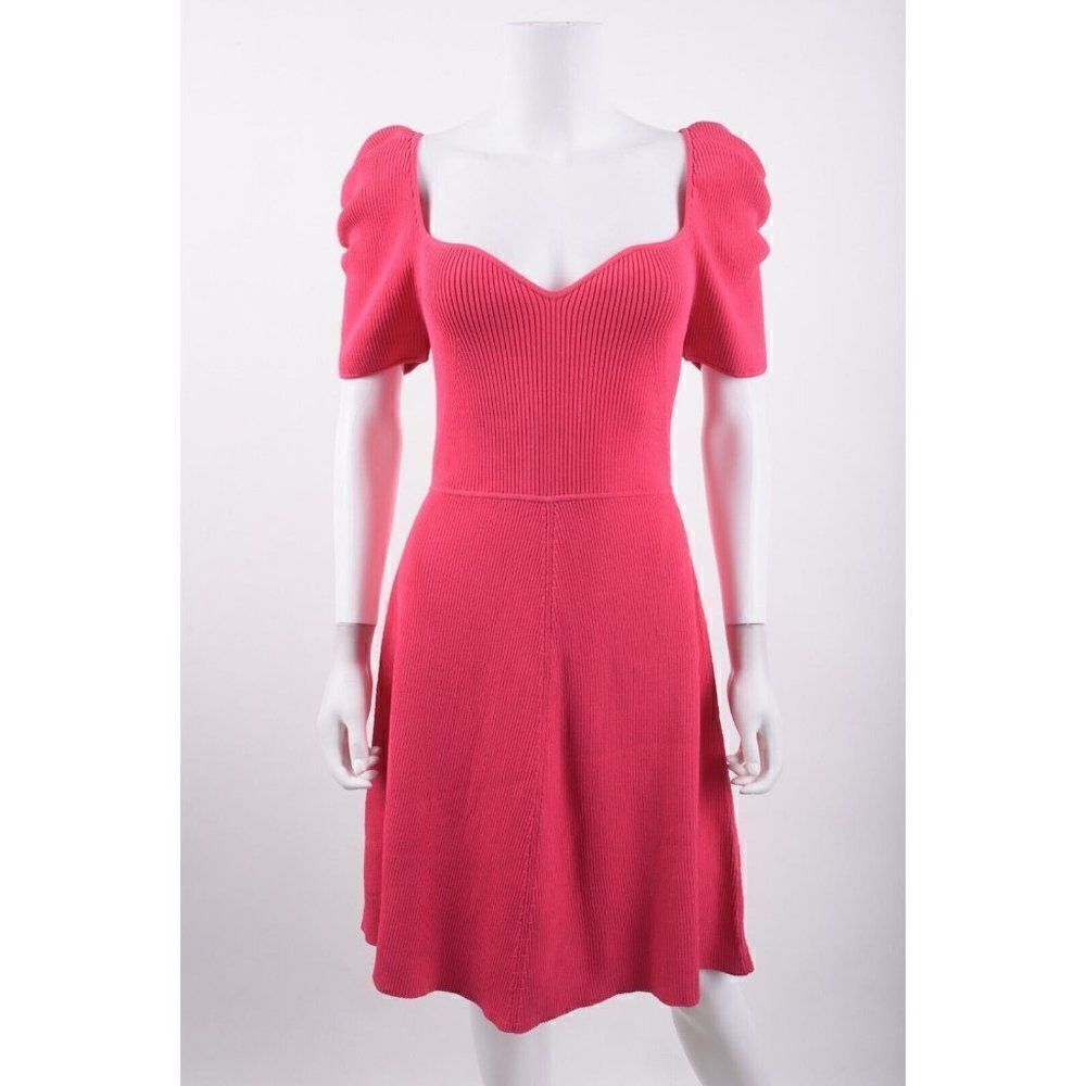 Carolina Herrera Womens Shirred Flare Dress Puff sleeve L Pink Raspberry NWT